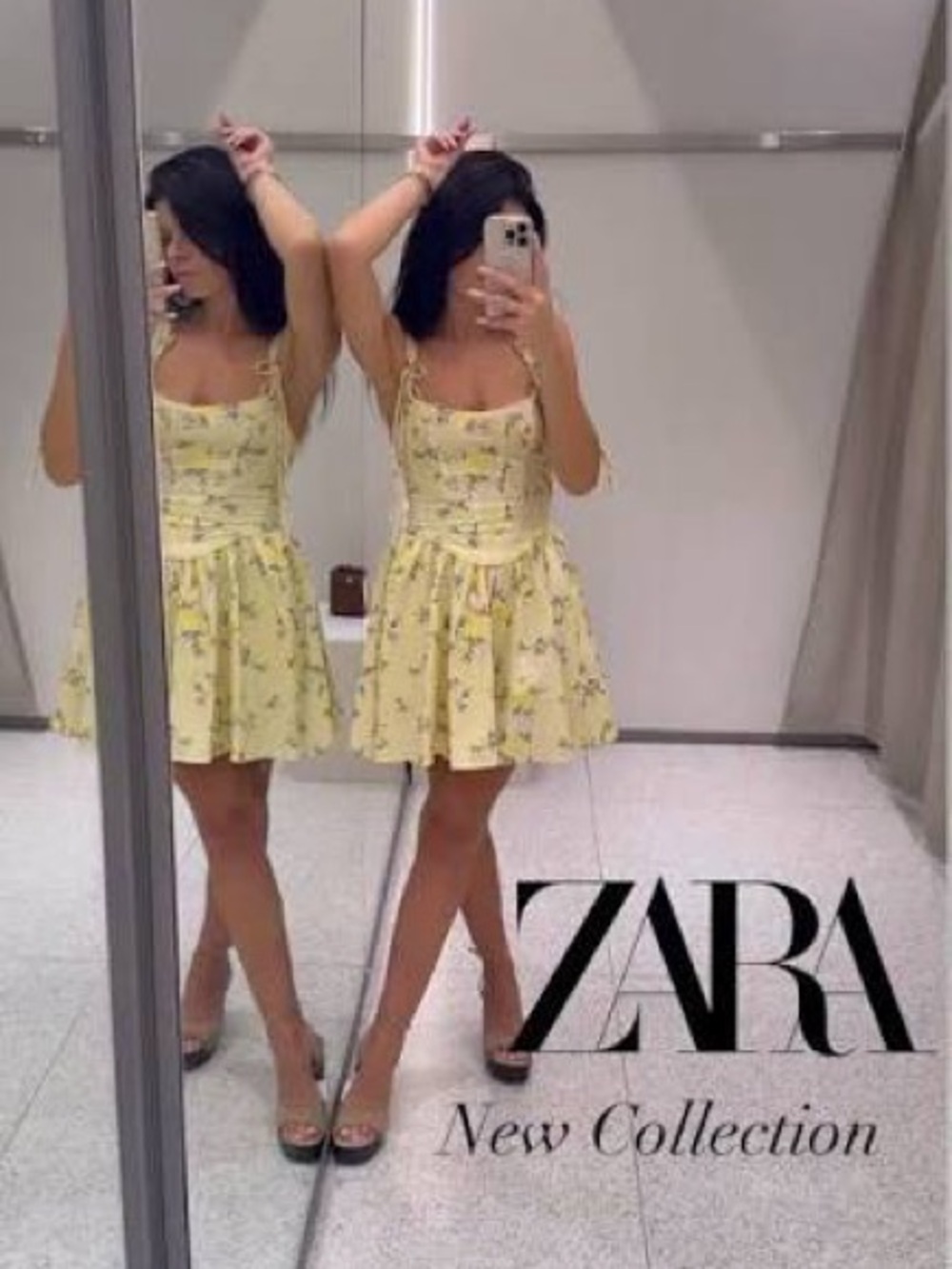 ZARA Pale Yellow Floral Tie-Strap Mini Dress